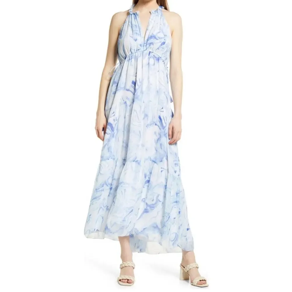 NWT Saylor Annela Sleeveless Tiered Ruffle Midi Dress M in Marble Blue White